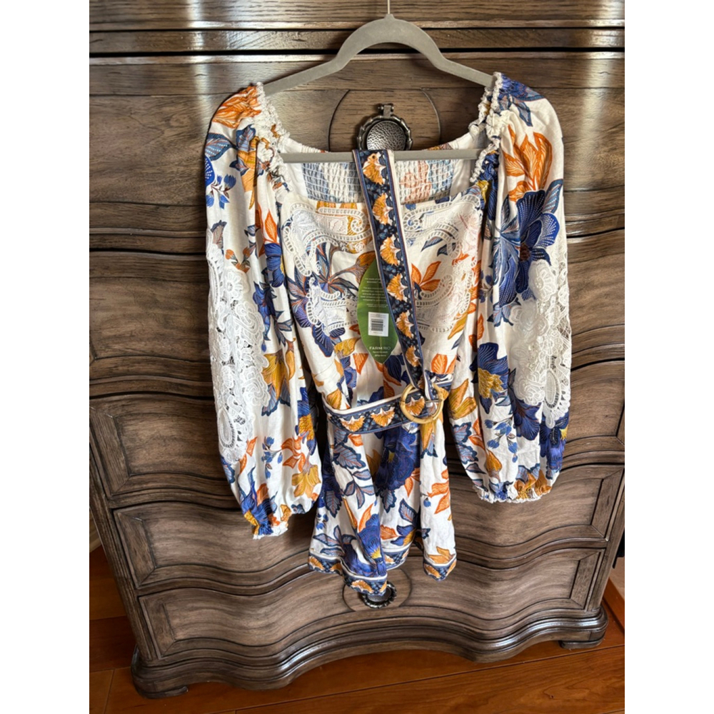 Women's FARM Rio Off-White Blue Orange Floral Blouse XL